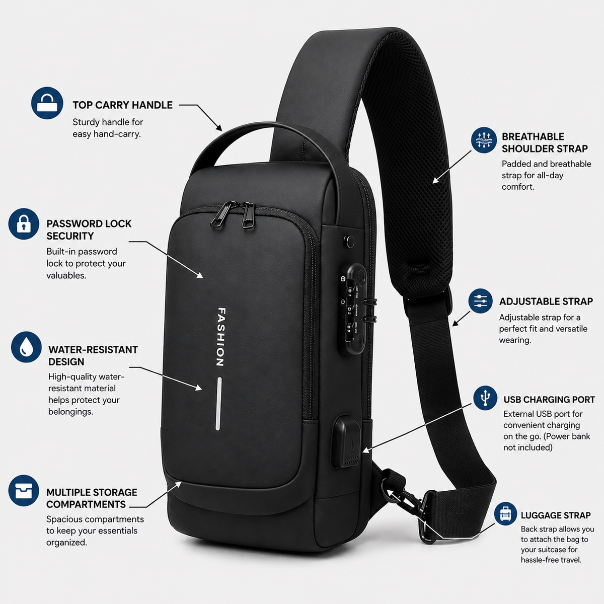 Smart Anti-Theft Sling Backpack with Password Lock & USB Charging Port