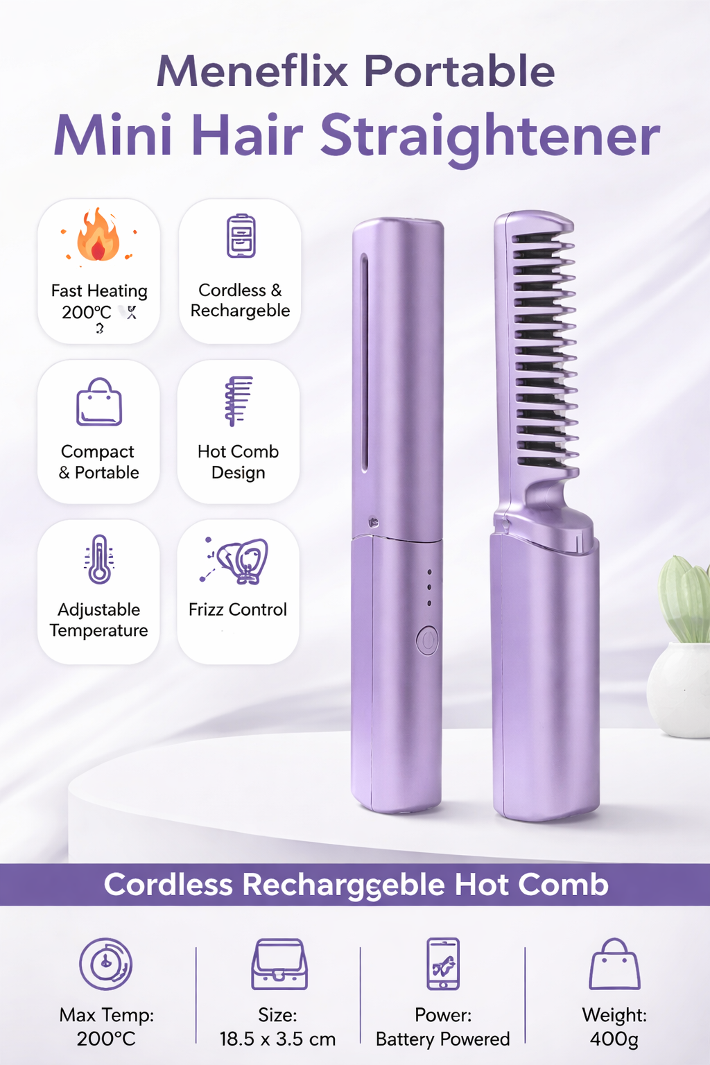 Meneflix Portable Mini Hair Straightener – Cordless Rechargeable Hot Comb