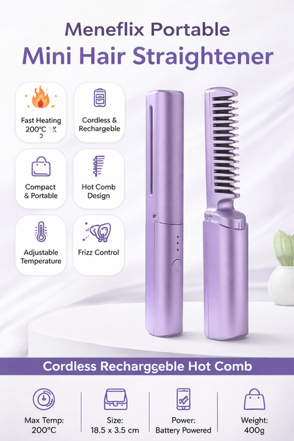 Meneflix Portable Mini Hair Straightener – Cordless Rechargeable Hot Comb